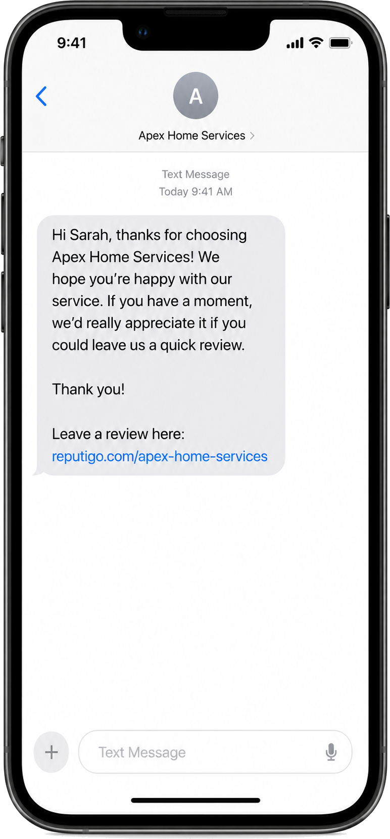 Reputigo review request text message on iPhone